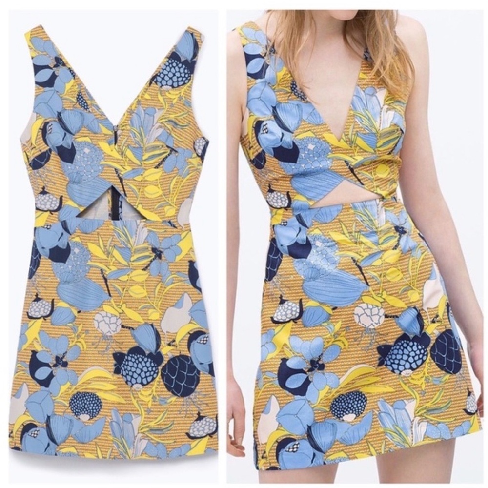 Zara Trafaluc Floral Print Dress in Blue & Mustard
